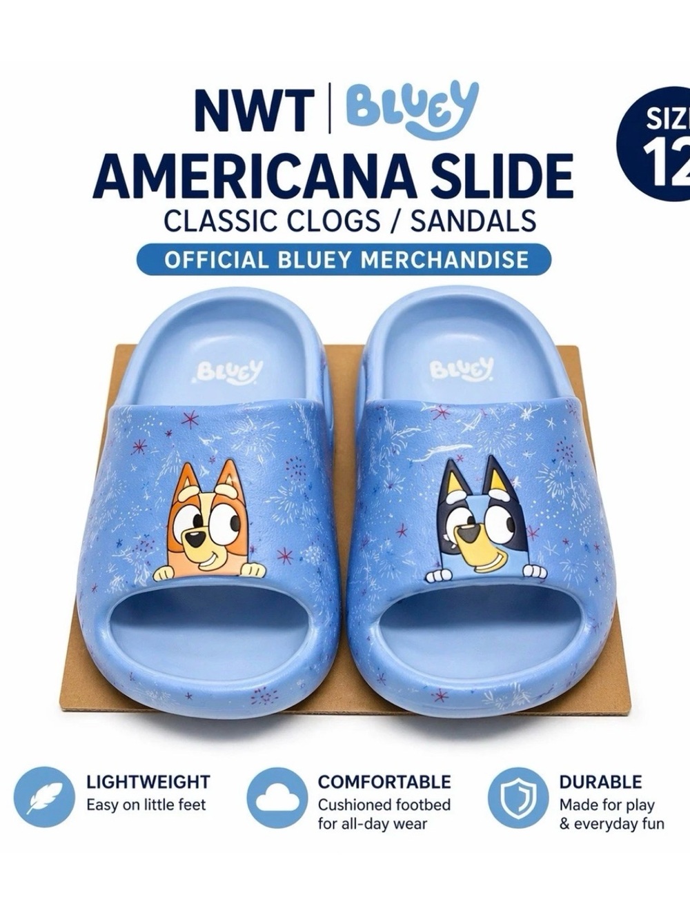NWT Toddler Bluey ‘Americana’ Slide Classic Clogs Sandals Blue Size 12